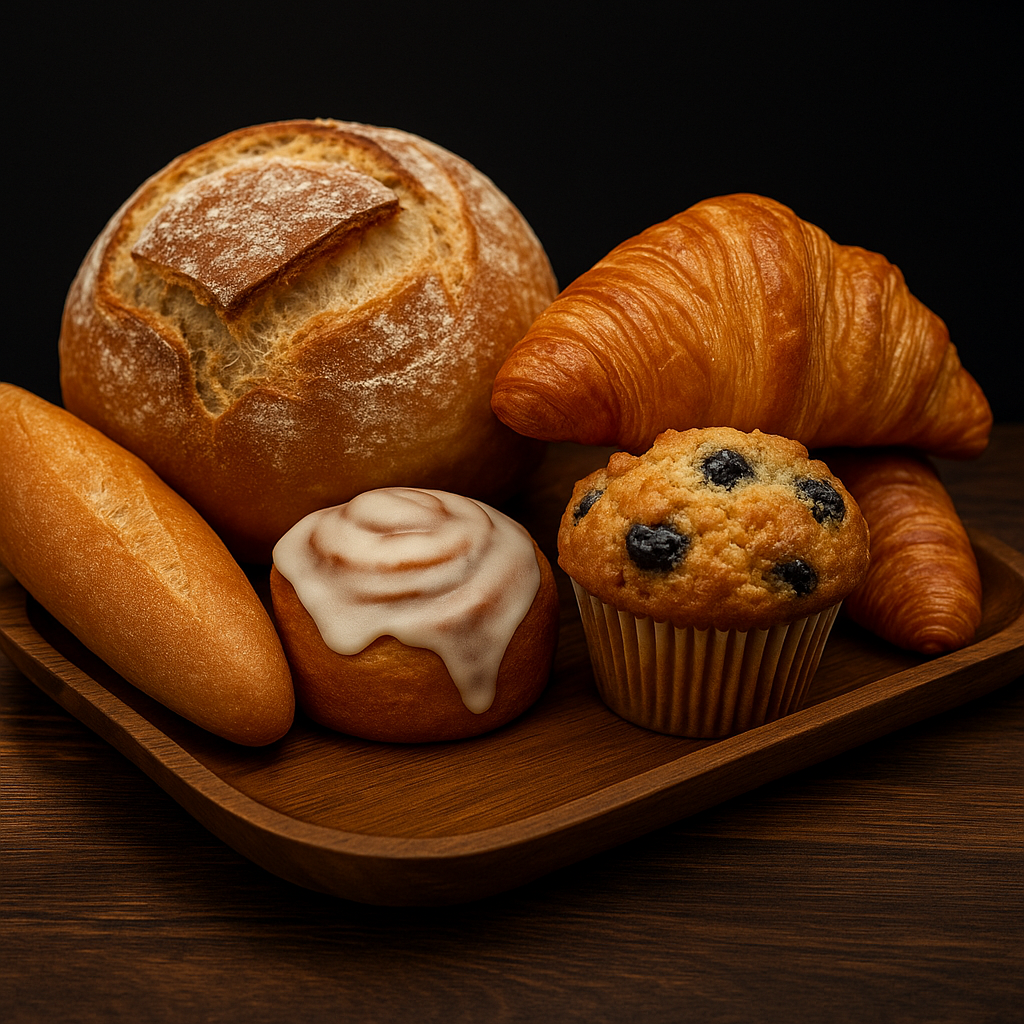 Fresh bread, croissants, and muffins